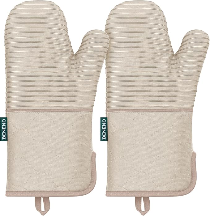 Beneno Heat Resistant 500°F Kitchen Oven Mitts 2-Pack, 7.5"x14.3", Beige | Textured Non-Slip Silicone Grip, Extra Long Forearm Protection, Soft Quilted Cotton Terry Lining, Ideal for Baking & Grilling