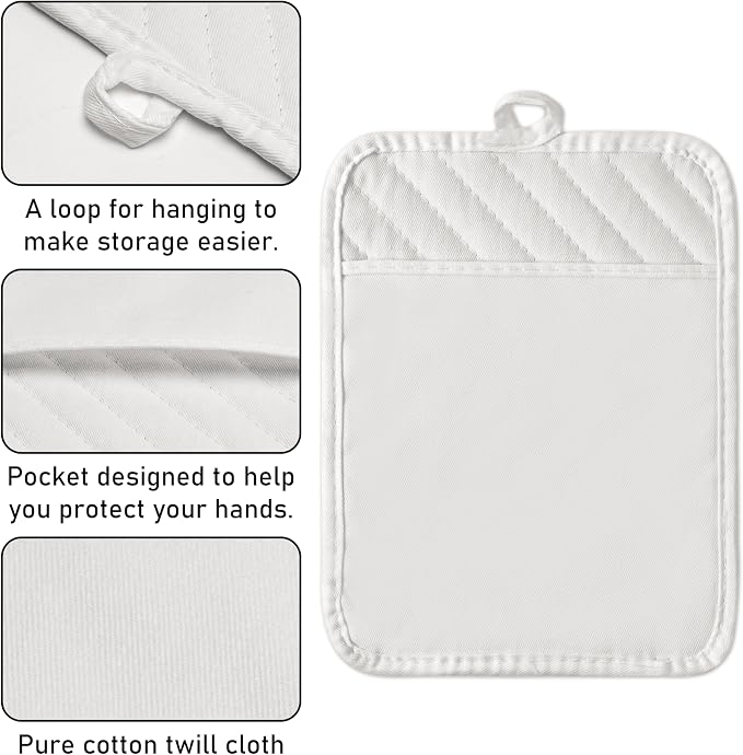 6Pcs Cotton Oven Mitts and Pot Holders Set Heat Resistant Hot Pads Machine Washable BBQ Gloves with Hanging Loop Durable Pocket Pot Holder for Kitchen Baking Grilling Cooking White