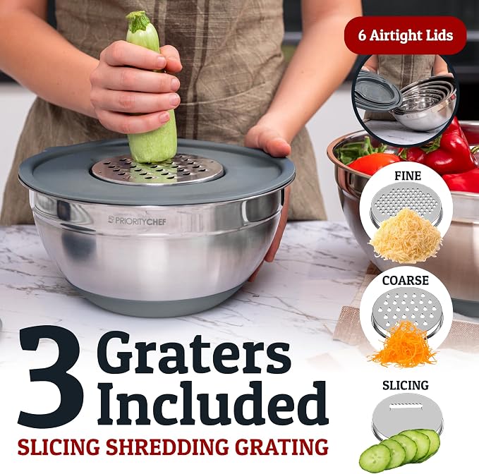 6Pc Stainless Steel Mixing Bowls with Lids Set, Huge 7 Qrt Size Metal Bowl Set for Kitchen, 3 Graters, Non-Slip Bases & Silicone Utensils Set, Grey