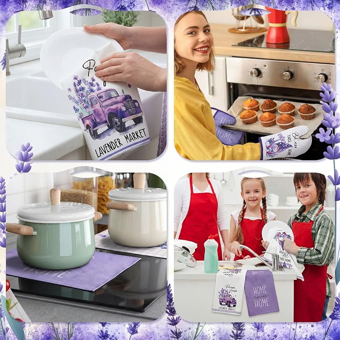 16 Pcs Lavender Kitchen Decor Set 4 Purple Kitchen Towels 4 Lavender Placemats 2 Non Slip Rugs and Mats for Floor 2 Spring Oven Mitts Gloves 2 Pot Holders 2 Floral Curtains for Home Decoration Gift