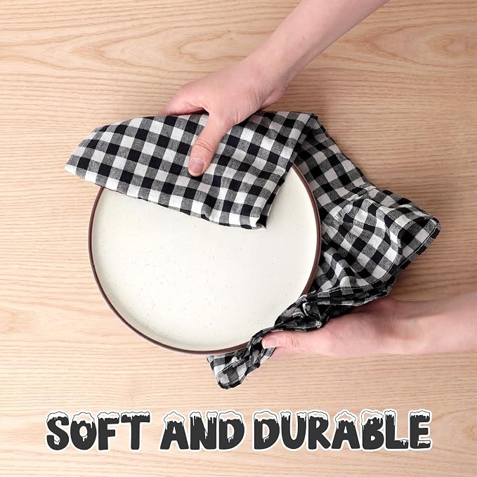 HunnmingRe 2 Pcs Matte Black Gingham Kitchen Towels Cotton Ruffled | Checked Dish Towels 18"x28" Tea Cloths Plaid Cottage Core Kitchen Decor for Farmhouse Charm Drying Dishes Entertaining Guests