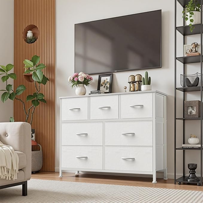 Sweetcrispy 7 Drawer Dresser for Bedroom Storage with Fabric Bins, White | Anti-Tip Closet Organizer, Wooden Top and Sturdy Steel Frame, Spacious Drawers for Clothes Storage, Hallway Entryway
