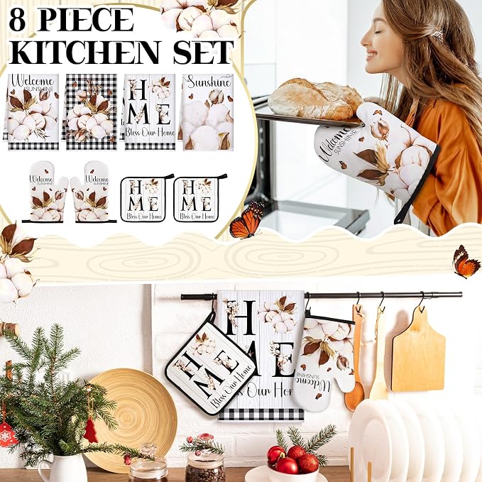 Leinuosen 8 Pcs Rustic Kitchen Towels and Dishcloths Sets Pot Holders and Oven Mitts Sets Absorbent Kitchen Gloves Potholders Heat Resistant for Chef Baking Cooking