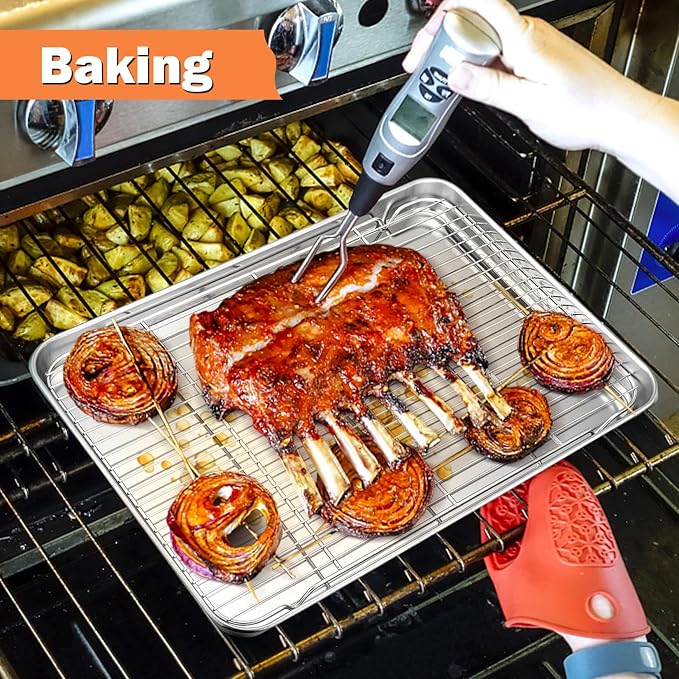 P&P CHEF Cooling Baking Rack Stainless Steel, 16.6" x 11.5", 2 Pcs, Silver | Cooling Racks for Cooking Baking Roasting Grilling Drying, Dense Wires & Smooth Edge, Easy to Clean