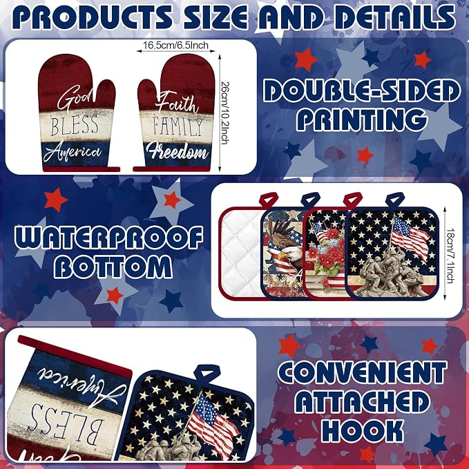 SiliFine 12 Pcs 4th of July Kitchen Decorations Set Patriotic Kitchen Towels Oven Mitts Pot Holders American Flag Themed Cooking Baking Home Accessories for Independence Day Memorial Day