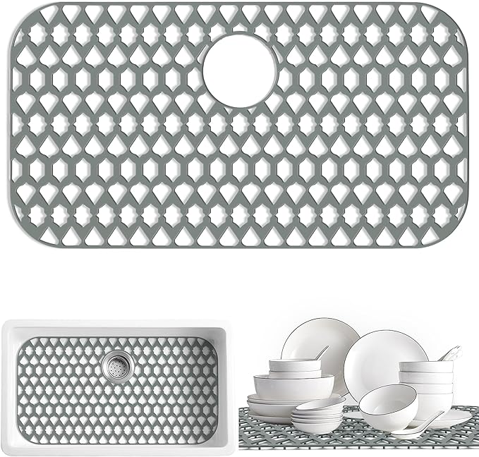 Silicone Kitchen Sink Protectors Mats - 12" 13" 14" 16" 18" 19" 21" 22" 24" 25" 26" 28" 30", Heat Resistant, Machine-wash (30”x16”, Rear Drain)