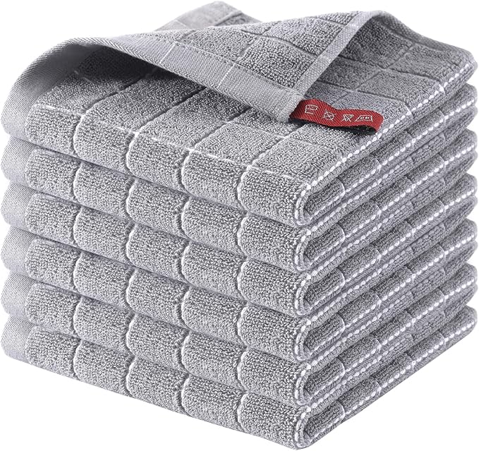 Homaxy 100% Cotton Terry Kitchen Dish Cloths, 6 Pack, Light Grey | Ultra Soft and Absorbent, Suitable for Drying and Washing Dishes