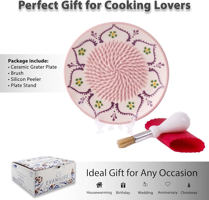 Ceramic Garlic Grater Plate - Handmade 4 Pcs Press - Natural Grinder - Decorative Mincer - Ginger, Cheese Grater - Hand Dish (Vanilla White)