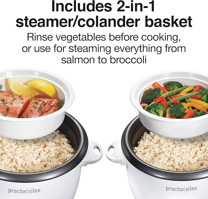Proctor Silex Rice Cooker & Food Steamer, 10 Cups Cooked (5 Cups Uncooked) | Includes Steam and Rinsing Basket , Measuring Cup & Spatula | Easy 1 Touch Controls | White | 37533MN