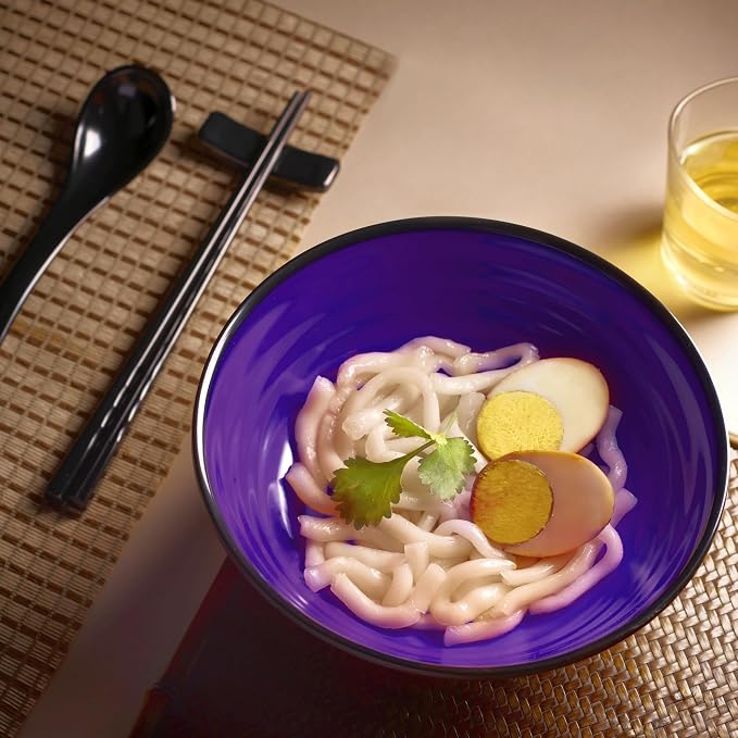 Unbreakable Ramen Bowl Set with Chopsticks and Spoon: 2 large Japanese Style Melamine Ramen Bowls (2 Bowl Set, Purple-Black)