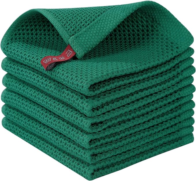 Homaxy 100% Cotton Waffle Weave Kitchen Dish Cloths 6-Pack, Dark Green | 12 x 12 Inches, Ultra Soft Absorbent Dish Towels, Quick Drying Dish Rags with Hanging Loop