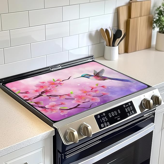 Electric Stove Top Cover Protector,Cherry Blossom Hummingbird Glass Flat Top Stove Mat,Heat-Resistant Oven Induction Cooktop Mat for Ceramic Countertop Mats Dish Drying Mat