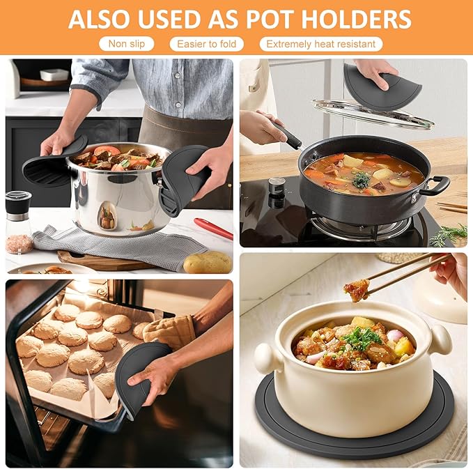 Silicone Trivet Mats 3 Pack Heat Resistant Pot Holders, Multipurpose Non-Slip Hot Pads for Kitchen Potholders, Hot Dishers, Jar Opener, Spoon Holder (Gray)