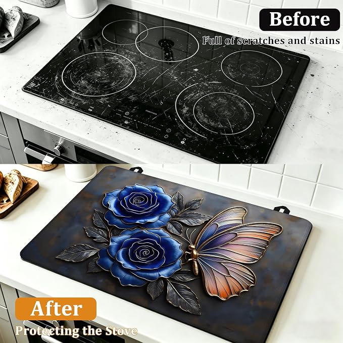 Stove Top Covers for Electric Stove,Blue Rose Flower Flat Top Stove Cover,Retro Butterfly Heat Resistant Glass Top Stove Cover Protector Anti-Slip Range Covers, 28 x 20 Inch