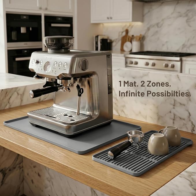 ZJWZLG Silicone Coffee Mat for Countertop, 24x16 inch Heat Resistant Espresso Machine Mat, Non-Slip Coffee Bar Mat with Detachable Drying Area and Raised Edge, Waterproof Station Pad - Grey