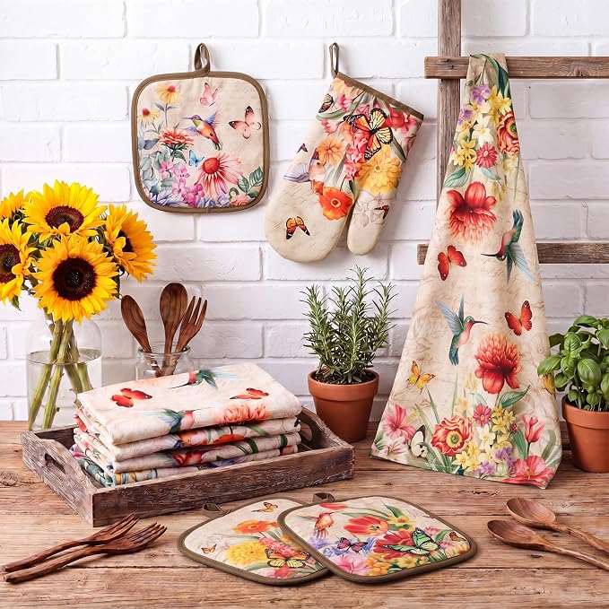 SiliFine 12 Pcs Summer Hummingbird Kitchen Accessories Set Hummingbird Oven Mitts Vintage Floral Flower Pot Holders Butterfly Kitchen Towels for Home Decorations, Cooking Baking Gifts