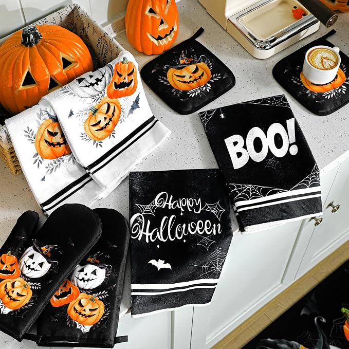 Fanfanwin 10 Pcs Halloween Kitchen Decor Accessories Set Gothic Pumpkin | Halloween 4 Kitchen Towels 2 Pot Holders 2 Oven Mitts 2 Rugs for Baking Cooking BBQ Autumn Home Decor Holiday Gift