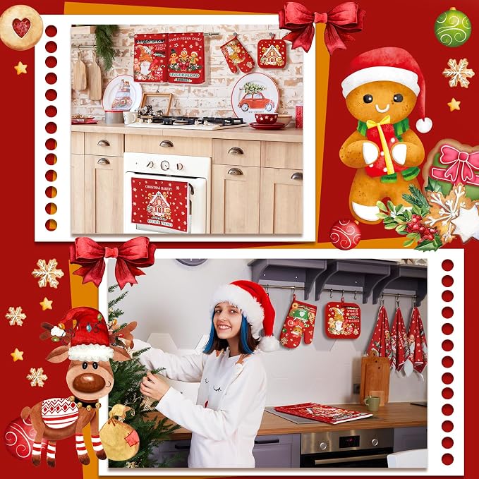 SiliFine 12 Pcs Christmas Kitchen Accessories Set Gingerbread Man Pot Holders Gingerbread House Oven Mitts Xmas Candy Kitchen Towels for Christmas Home Decorations, Cooking Baking Holiday Gifts