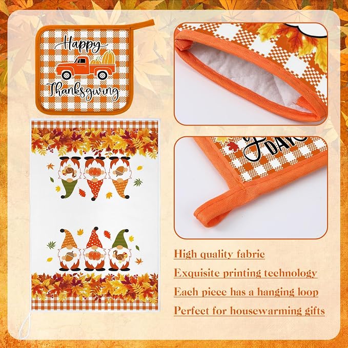 Leinuosen 6 Pack Thanksgiving Kitchen Set with 2 Gnome Dish Towels, 2 Maple Leaves Pot Holders and 2 Car Oven Mitts for Gifting, Baking, and Cooking Accessories