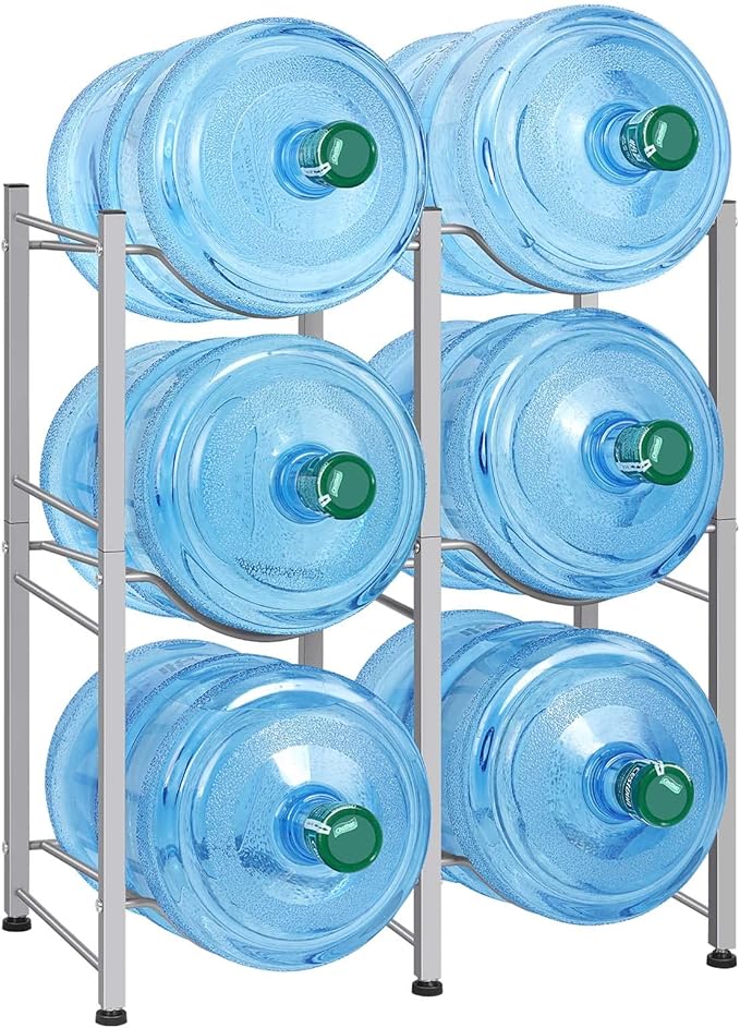 LIANTRAL 5 Gallon Water Bottle Holder, 3 Tiers Silver Double Row Water Rack | Heavy Duty Water Cooler Jug Rack with 6 Slots for Home Kitchen