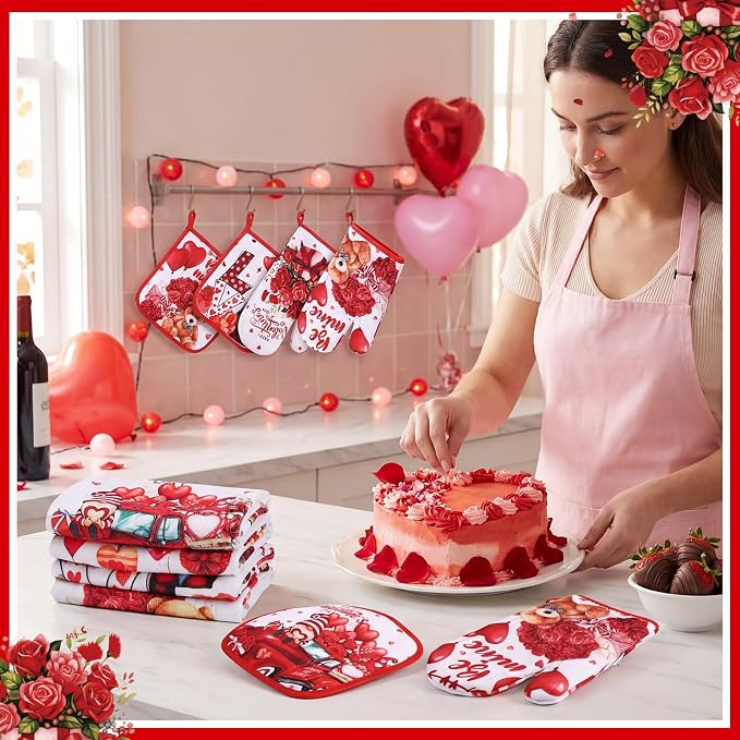 SiliFine 12 Pcs Valentines Day Kitchen Towels Pot Holders and Oven Mitts Set 4 Sweet Heart Gnomes Dish Towels 4 Love Oven Mitts 4 Romantic Red Rose Potholders for Xmas Dish Baking Decorative