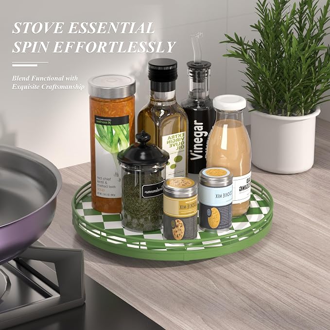 AMH 12-Inch Green and White Checkerboard Lazy Susan with Rubberwood Base | Smooth rotating oak tray with walnut finish for dining tables, kitchen counters, pantries and cabinet storage.