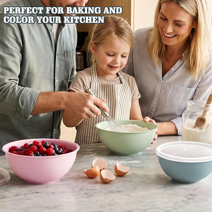 Greentainer 4-Piece Plastic Mixing Bowl Set with Lids for Kitchen, 67oz Lightweight Storage Bowls, Large Salad Bowls for Baking, Prepping, Cooking and Serving Food, Dishwasher & Microwave Safe