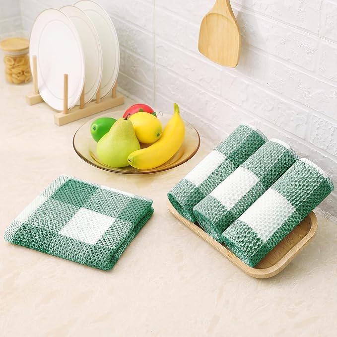 Homaxy Kitchen Towels and Dishcloths Set, Set of 12, White & Dark Green | Bulk Cotton Waffle Weave Check Plaid Kitchen Towels, Super Soft and Absorbent Dish Cloths, 12 x 12 and 13 x 28 Inches