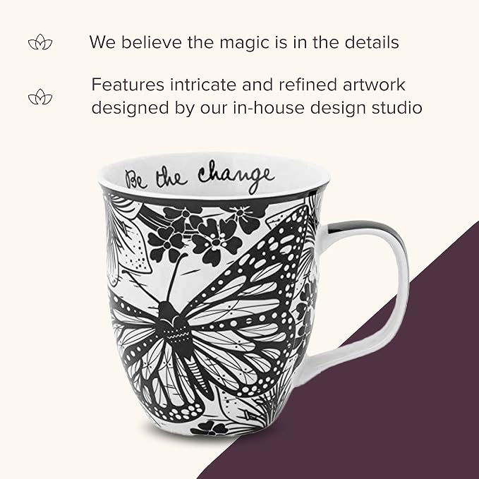 Karma Gifts 14 oz Black and White Boho Mug Butterfly - Cute Coffee and Tea Mug - Ceramic Coffee Mugs for Women and Men