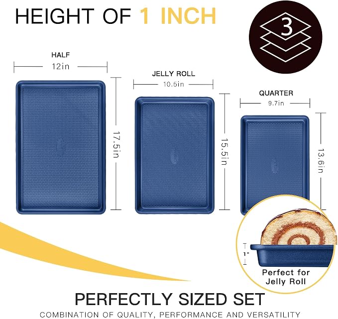 Baking Sheet Pan Set, Cookie Sheets for Oven, Nonstick Half/Quarter/Jelly Roll Pans with Diamond Texture Pattern, Heavy Duty Cookie Tray, Dark Blue