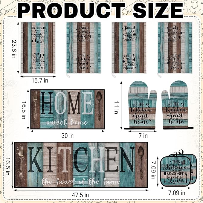 10 Pcs Kitchen Decor and Accessories Set, Turquoise Teal | 4 Dish Towels Kitchen Rugs 2 Oven Mitts 2 Pot Holders, Home Decor for Cooking Baking BBQ Gifts Women Mom Housewarming