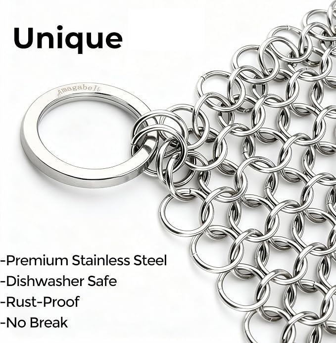 Amagabeli Cast Iron Cleaner 8"x6" Premium Stainless Steel Chainmail Scrubber Cast Iron Skillet Cleaner for Pan Pot Wok Griddles BBQ Grills Cast Iron Cleaning