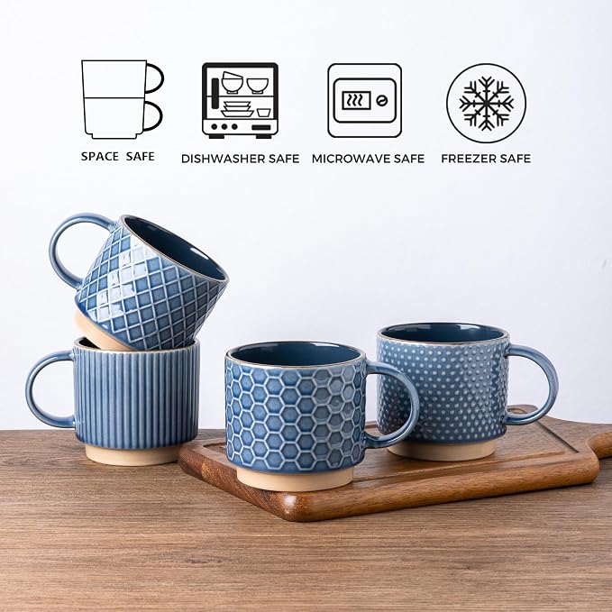 GBhome 6 OZ Stackable Coffee Mugs Set of 4, Ceramic Coffee Cups Set | 4 Assorted Designs, Embossed Mugs with Texture Patterns for Espresso/Tea, Dishwasher&Microwave Safe, Blue
