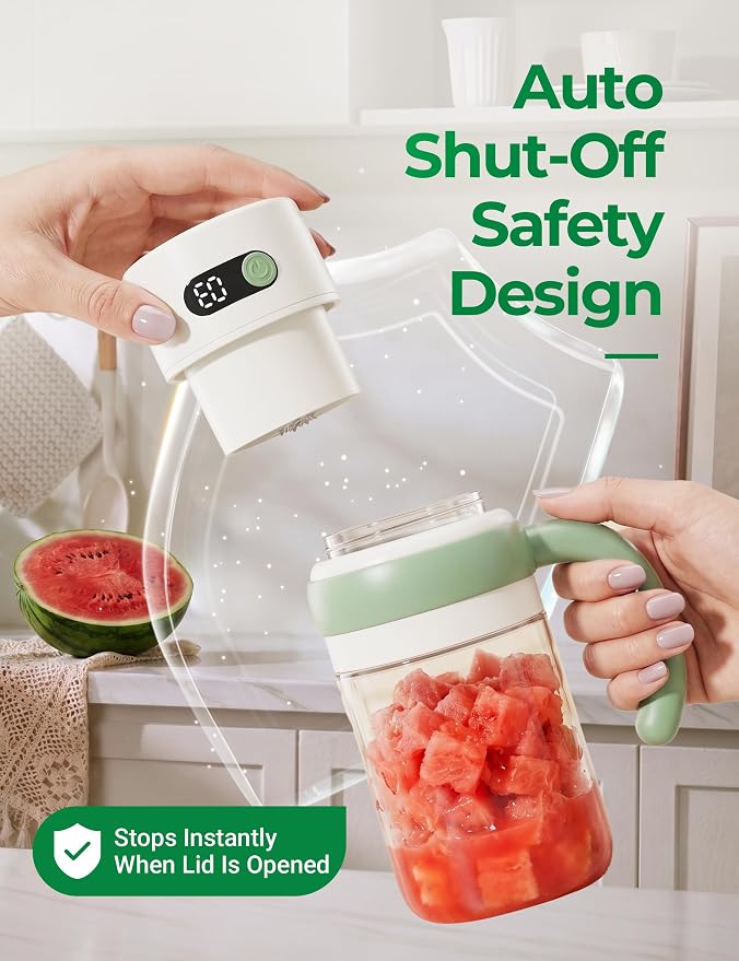 Portable Juicer Blender Cup, USB-C Rechargeable, Green | LED display, cordless use and dual lids for fruit drinks, protein shakes and small ice cubes; 500ml max blending.