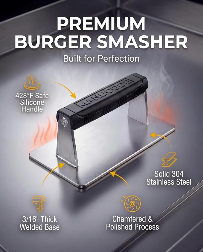 Smash Burger Press, Dishwasher Safe, 8 x 4.25 in, 2.5 lb | Rectangular bacon press with silicone handle, preheatable stainless steel for barbecue and flat top griddle fans