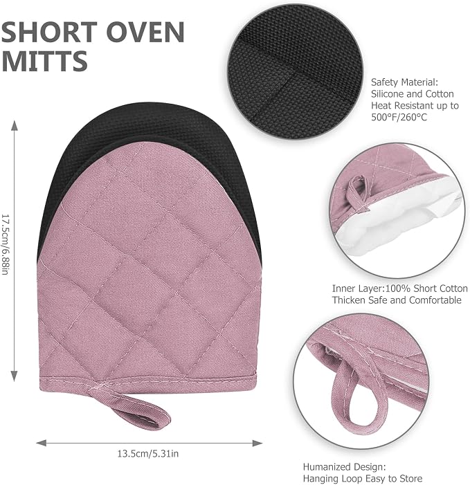 Goldmeet Mini Oven Mitts 2-Pack, 7"x5.5", 500°F Silicone Grip, Light Pink | Non-Slip, Heat Resistant, Machine Washable, Hanging Loop, Fits Small Hands, for Baking Grilling BBQ Cooking