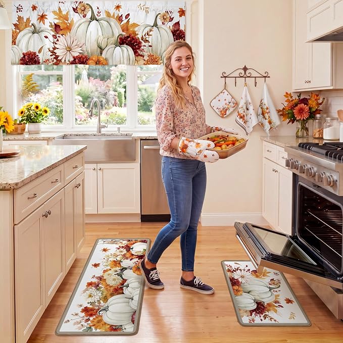 16 Pcs Fall Pumpkin Kitchen Decor and Accessories Set 4 Fall Kitchen Towel 4 Pumpkin Placemat 2 Non Slip Rug and Mat Set for Floor 2 Oven Mitt Glove 2 Pot Holder 2 Curtain for Harvest Home Decor Gift