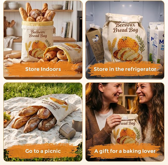 Beeswax Bread Bags for Homemade Bread - 2 Pack- Extra Large 17"×13" Reusable Sourdough Bread Bags for Storage with Zipper Closure, Keep Bread Fresh Naturally, Freezer Safe