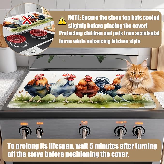 Rustic Rooster Stove Top Covers for Electric Stove,Farmhouse Electric Gas Stove Pad Heat Resistant Range Cooktop Protector for Home Decor Kitchen 28"x20"