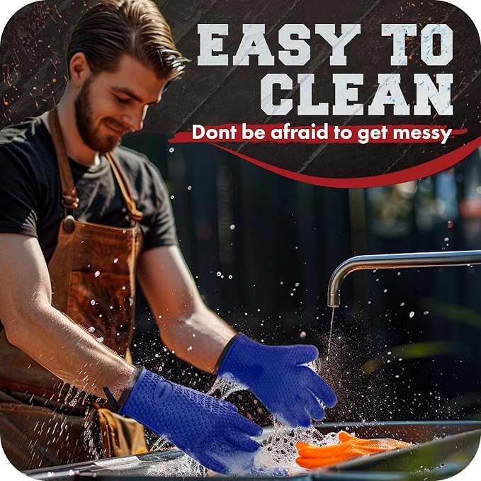 KITCHEN PERFECTION S Silicone Smoker BBQ Gloves - Heat Resistant Oven Mitts | Waterproof, 5-Finger Design For A Better Grip, for Pitmasters, Meat Smoking, Grilling, Cooking, Frying Turkey | Grill Gift