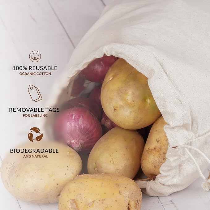 Marubhumi Cotton Storage Bags with Drawstrings X-Large 14x17 Multipurpose 6 Pcs Muslin Bulk Flour Sack Bags Food Produce Natural Potato Onion Bag