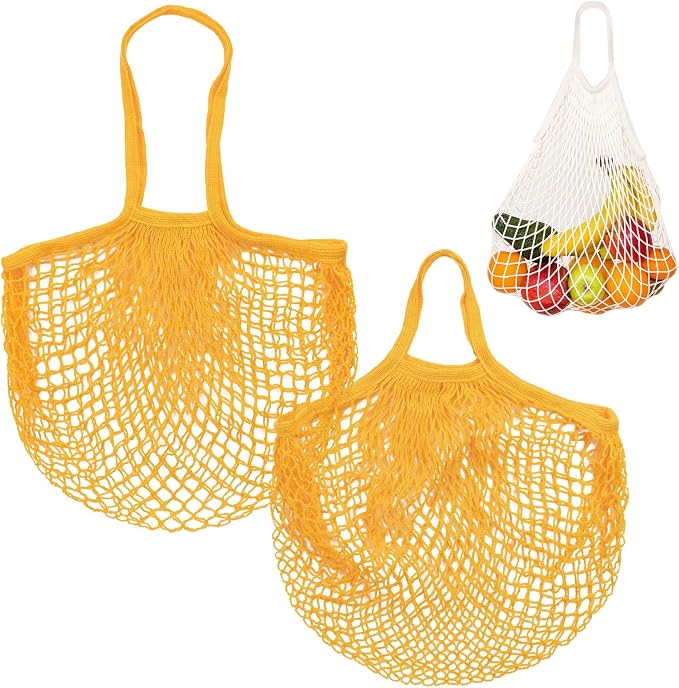 M METERXITY 2-Pack Cotton Mesh Bag, Reusable Washable Mesh Net String Grocery Bags, Reusable Produce Bags with Handle, Net Tote Bag for Fruits/Vegetables Shopping [Yellow, Long&Short Handle]