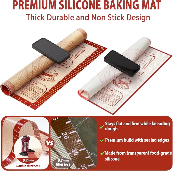 Silicone Baking Pastry Dough Mat - Non Slip Rolling Mat with Measurement Guides, Thick Reusable Kneading Board for Bread, Pizza, Cookies, Fondant, Nonstick Baking Sheet for Kitchen Counter, 20x28inch