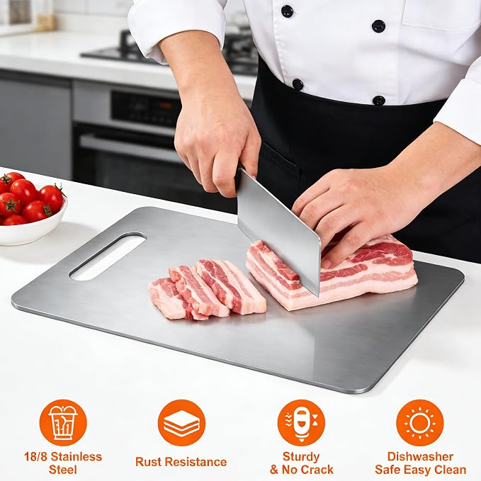 Large Stainless Steel Cutting Board 18"x13", 1.5mm Thick Heavy Duty Large Rectangular Kitchen Board with Handle, Double Sided for Meat Vegetable Fruit
