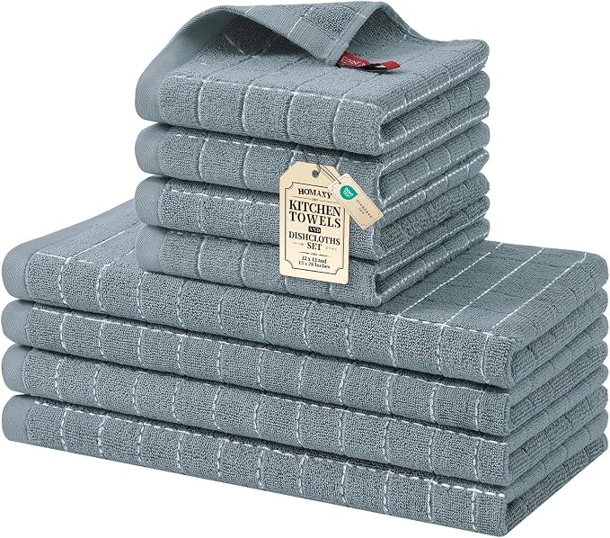 Homaxy Kitchen Towels and Dishcloths Set, Set of 8, Grey | Bulk Cotton Terry Kitchen Towels, Checkered Designed, Soft and Super Absorbent Dish Towels, 12 x 12 and 13 x 28 Inches