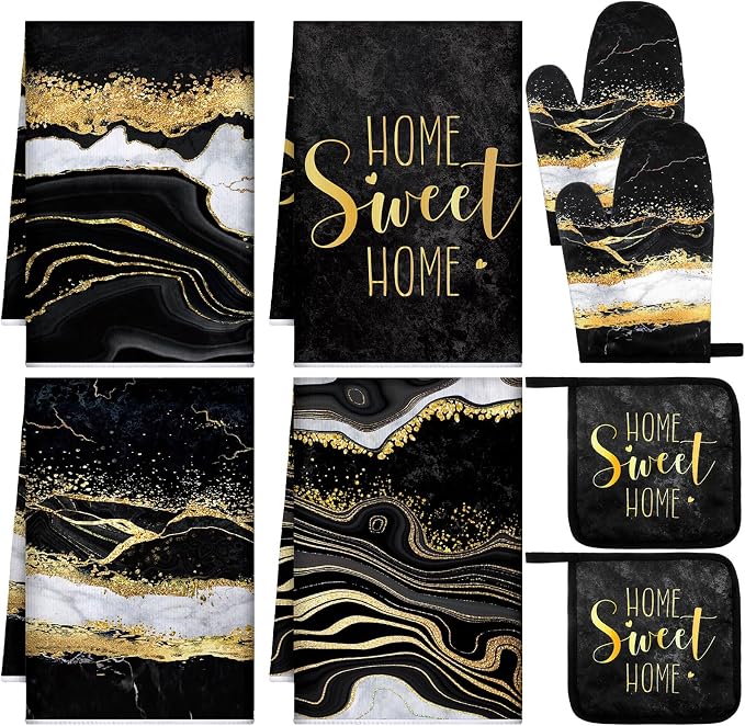 Leinuosen 8 Pcs Black and Gold Marble Kitchen Towels and Dishcloths Sets Oven Mitts and Pot Holders Absorbent Kitchen Gloves Potholders Heat Resistant for Chef Baking Cooking