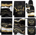 Leinuosen 8 Pcs Black and Gold Marble Kitchen Towels and Dishcloths Sets Oven Mitts and Pot Holders Absorbent Kitchen Gloves Potholders Heat Resistant for Chef Baking Cooking