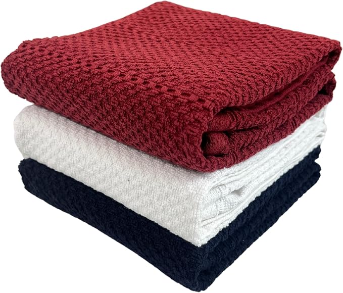 Patriotic Red White Navy Blue Kitchen Hand Dish Towels Oversized 28"x18" Nautical 100% Cotton Cloth Soft Cleaning Drying Absorbent Textured Design 3 Pc Multipurpose for Everyday Use Summer 4th of July