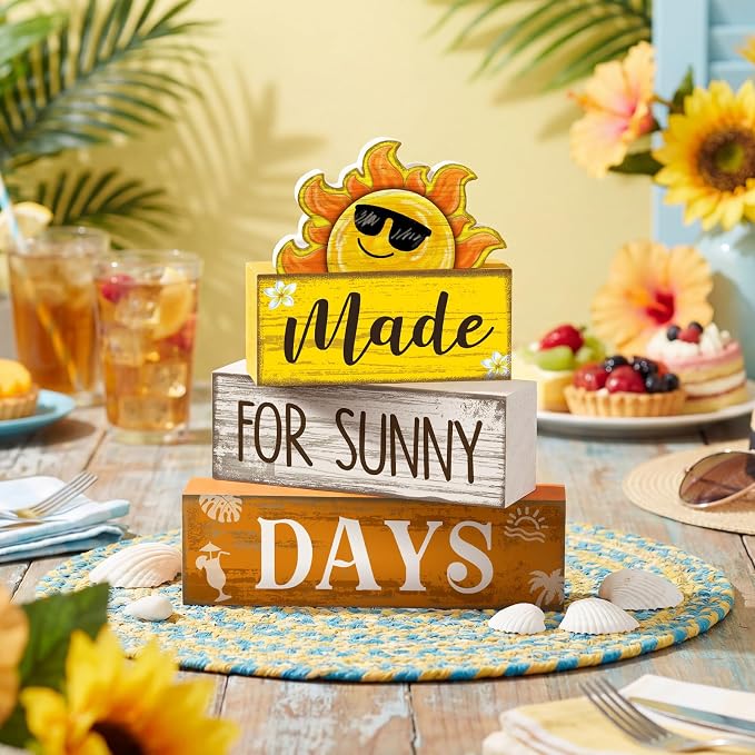 Lineshading 4 Pcs Summer Table Decor Farmhouse Wooden Sun Beach Block Signs | Rustic Tiered Tray Decorations for Summer Home Decor, Sunny Days Theme Wooden Blocks with Sun Design