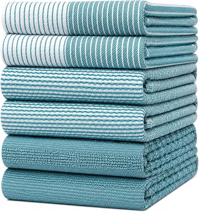 Premium Kitchen Towels 6 Pack 100% Cotton, 20"x28" Dish Towels - Aqua | Large Flat & Terry Kitchen Linen Set with Hanging Loops, Highly Absorbent for Washing and Drying Dishes